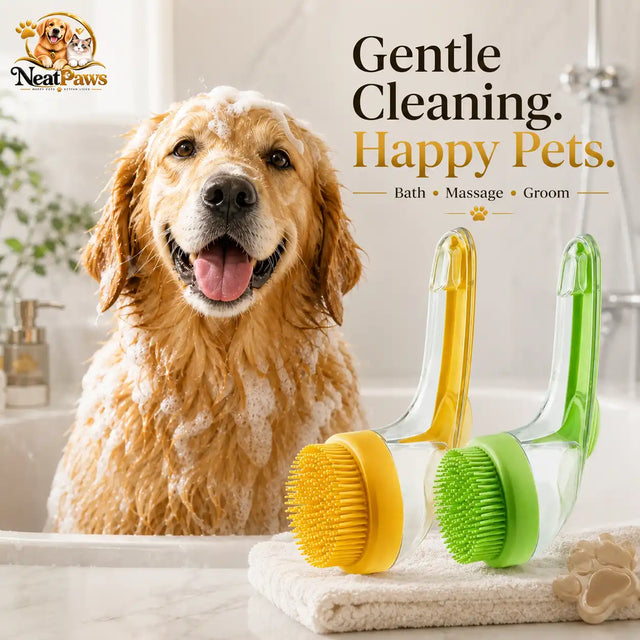 NeatPaws Long Handle Pet Bath Brush & Massage Grooming Tool